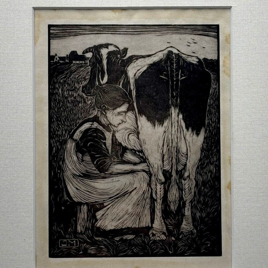 Jan Mankes (1889-1920) - ‘Koemelkster’, 1914, Antiek en Kunst, Ophalen of Verzenden, Dagelijks leven, Houtsnede, Ingelijst