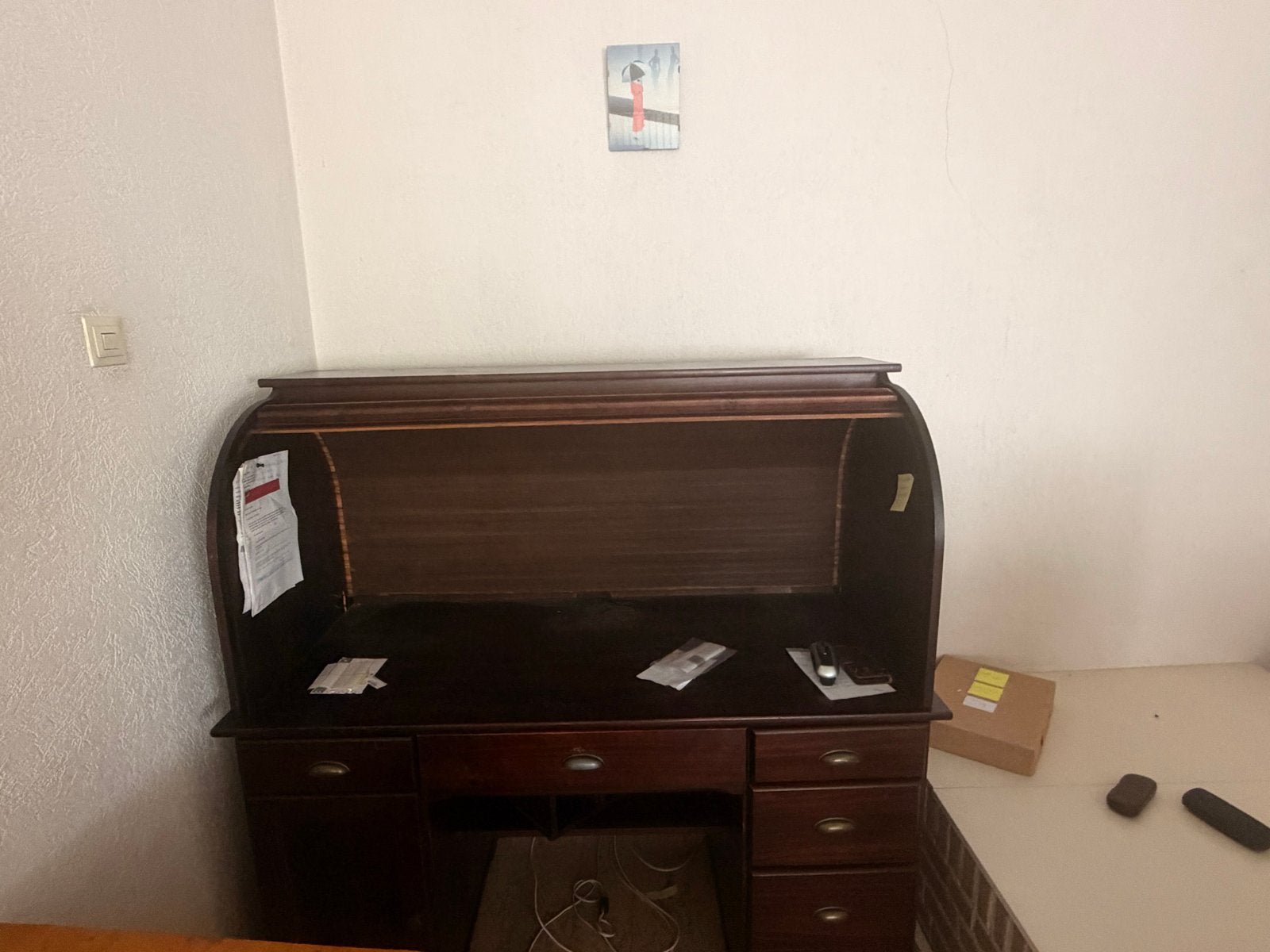 Antiek rolluikbureau, secretaire, donker hout, Huis en Inrichting, Kasten | Secretaires, Ophalen, Gebruikt