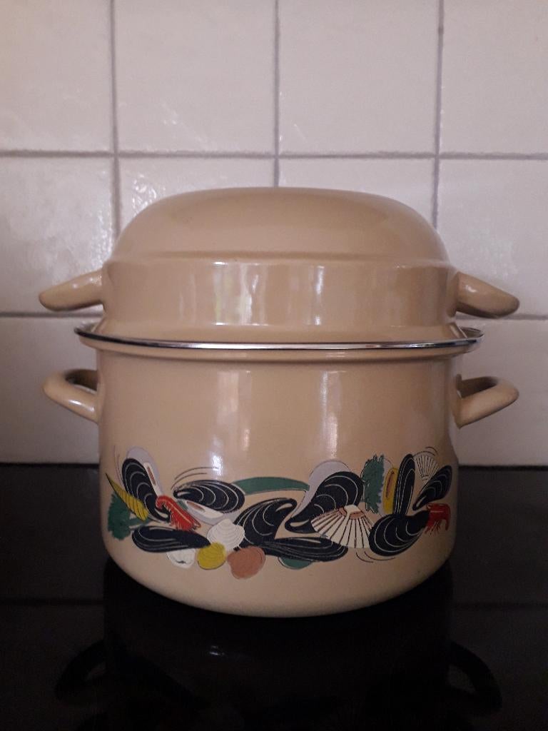Vintage Jaren 80 Beige Emaille Mosselpan/ Mosselpot Compleet, Ophalen of Verzenden, Zo goed als nieuw, Overige materialen, Kookpan of Snelkookpan