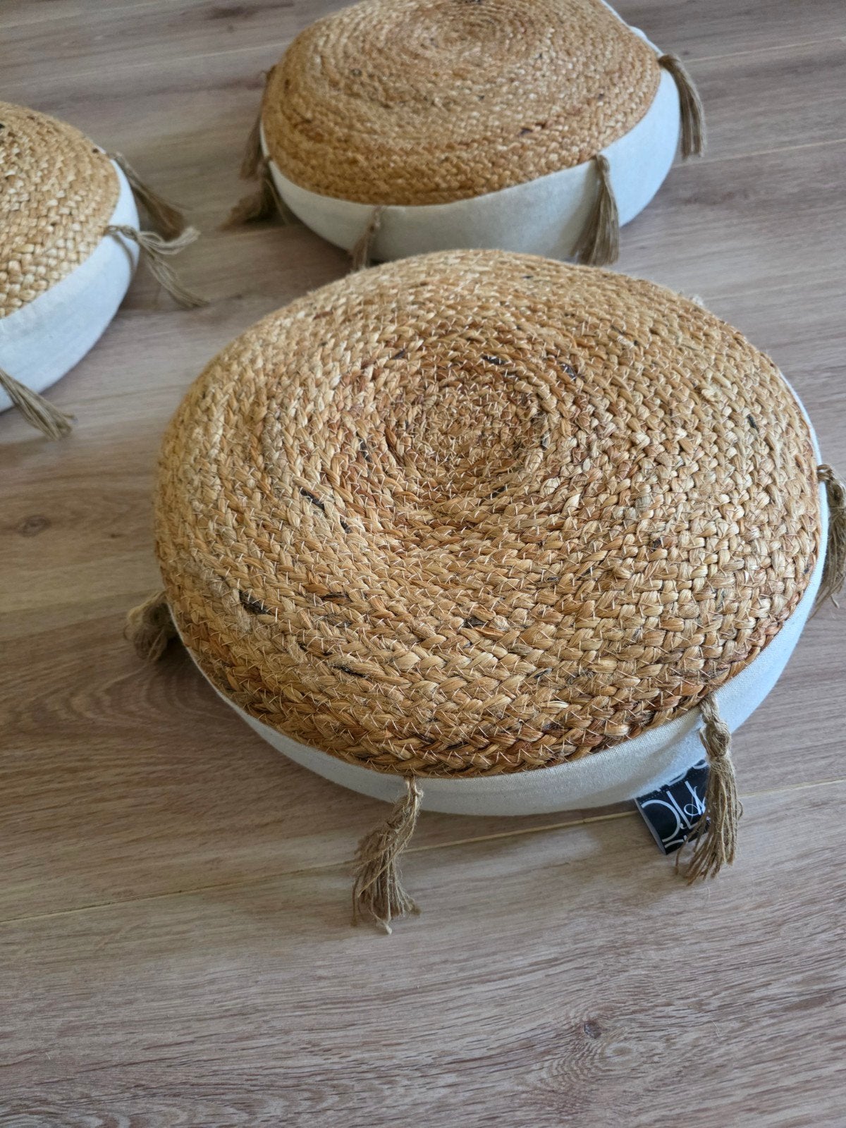 3 vloerkussens / zitkussens / sierkussens van jute en katoen, Huis en Inrichting, Inclusief binnenkussen, Beige, Rond, Nieuw