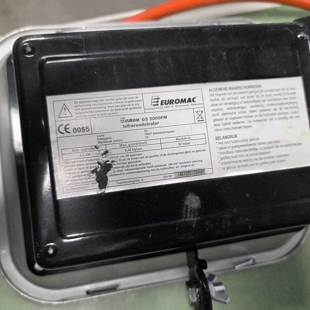 EUROMAC INFRAROODSTRALER VOOR GASFLES GS 5000FM, Tuin en Terras, Ophalen of Verzenden, Zo goed als nieuw, Gas