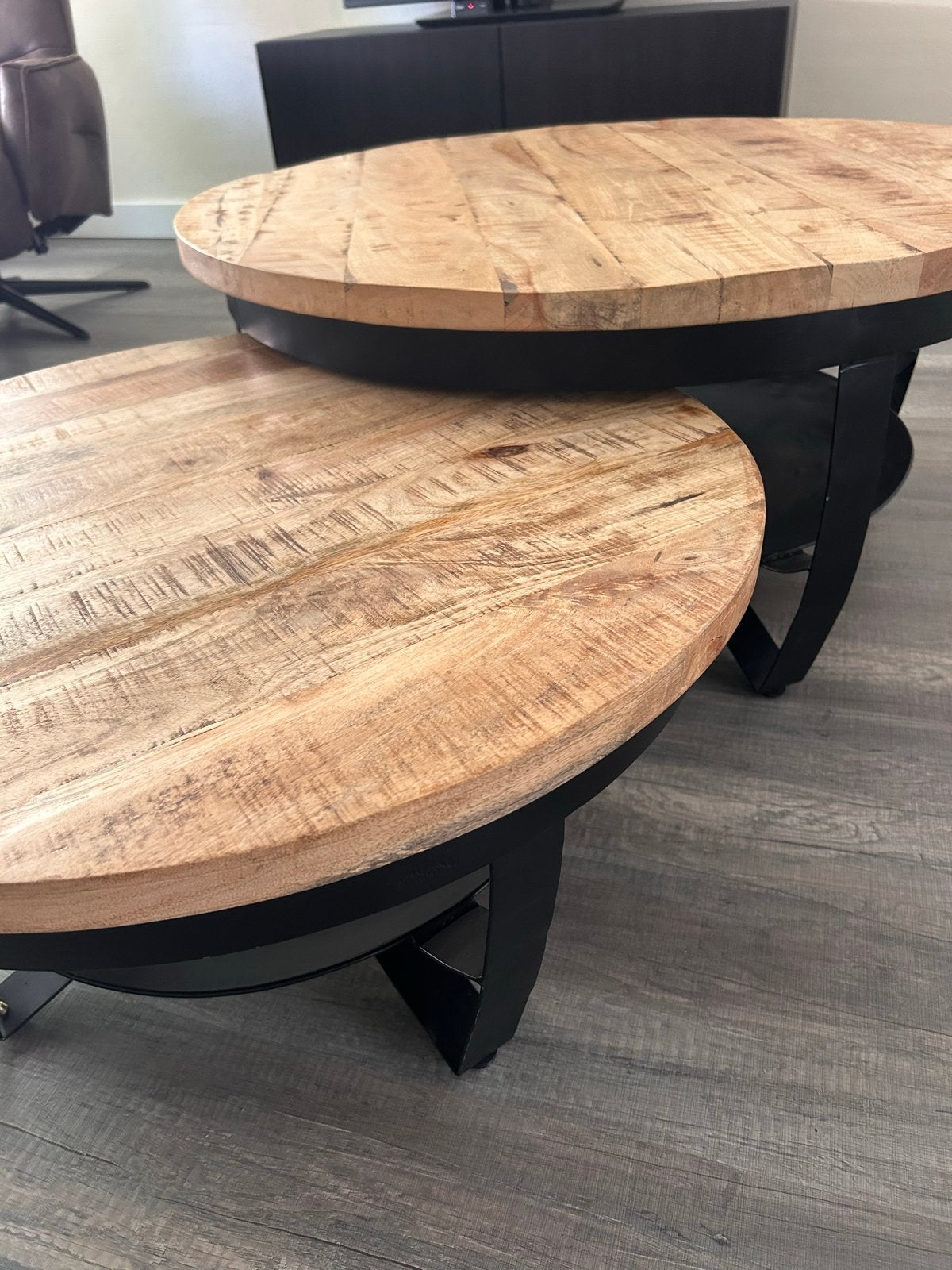 Set van 2 ronde salontafels van mangohout, Ophalen, Gebruikt, Rond, 50 tot 100 cm