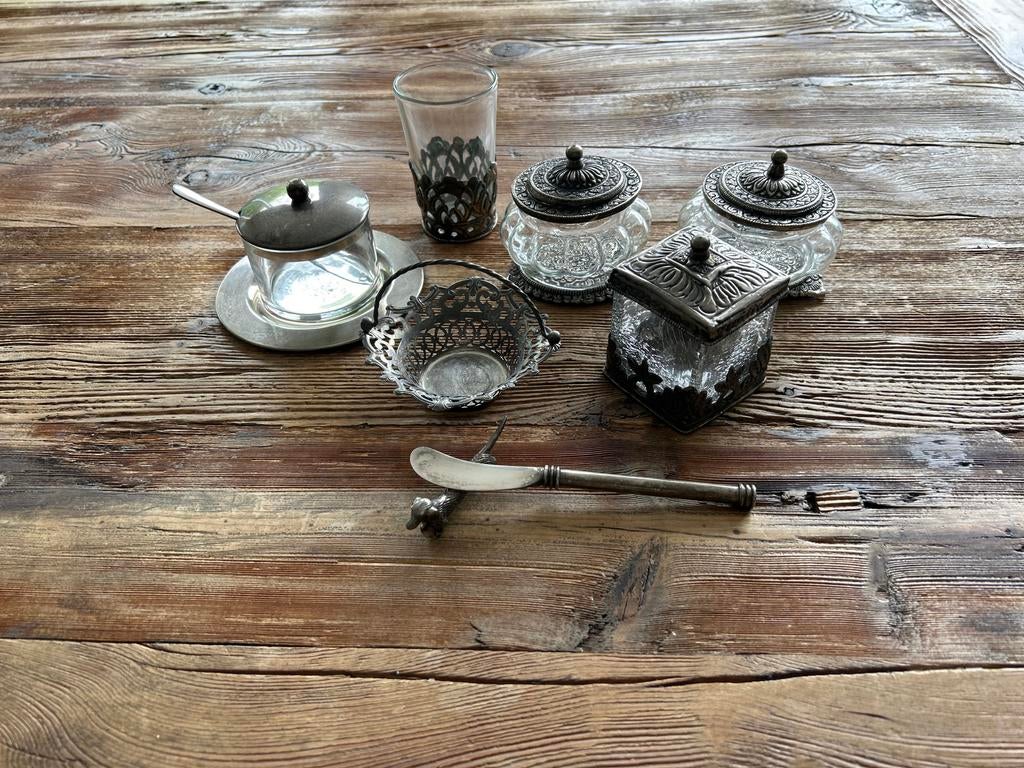 Verzilverd met glas, Antiek en Kunst, Antiek | Goud en Zilver, Ophalen of Verzenden, Zilver