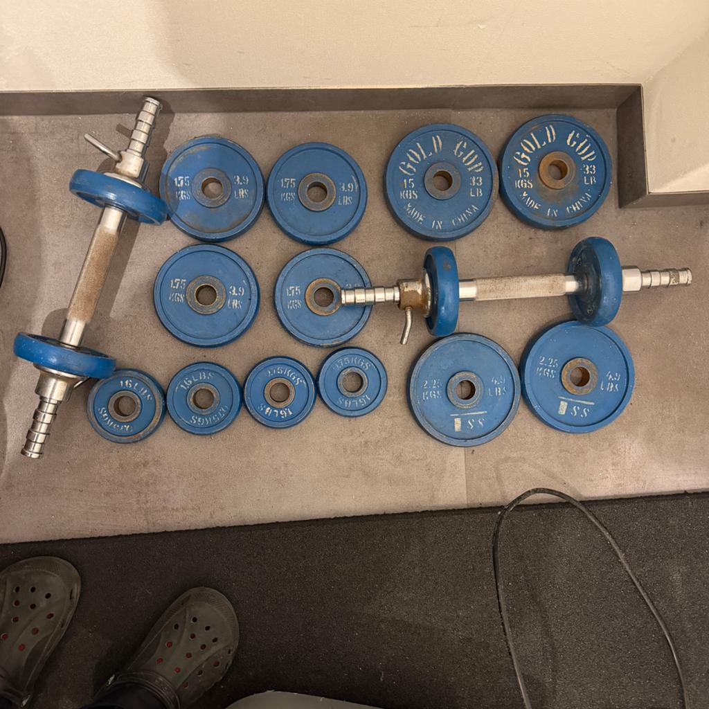 Halterset met gewichten - 25 kg totaal, Sport en Fitness, Fitnessmaterialen, Ophalen of Verzenden, Zo goed als nieuw, Armen, Halterset