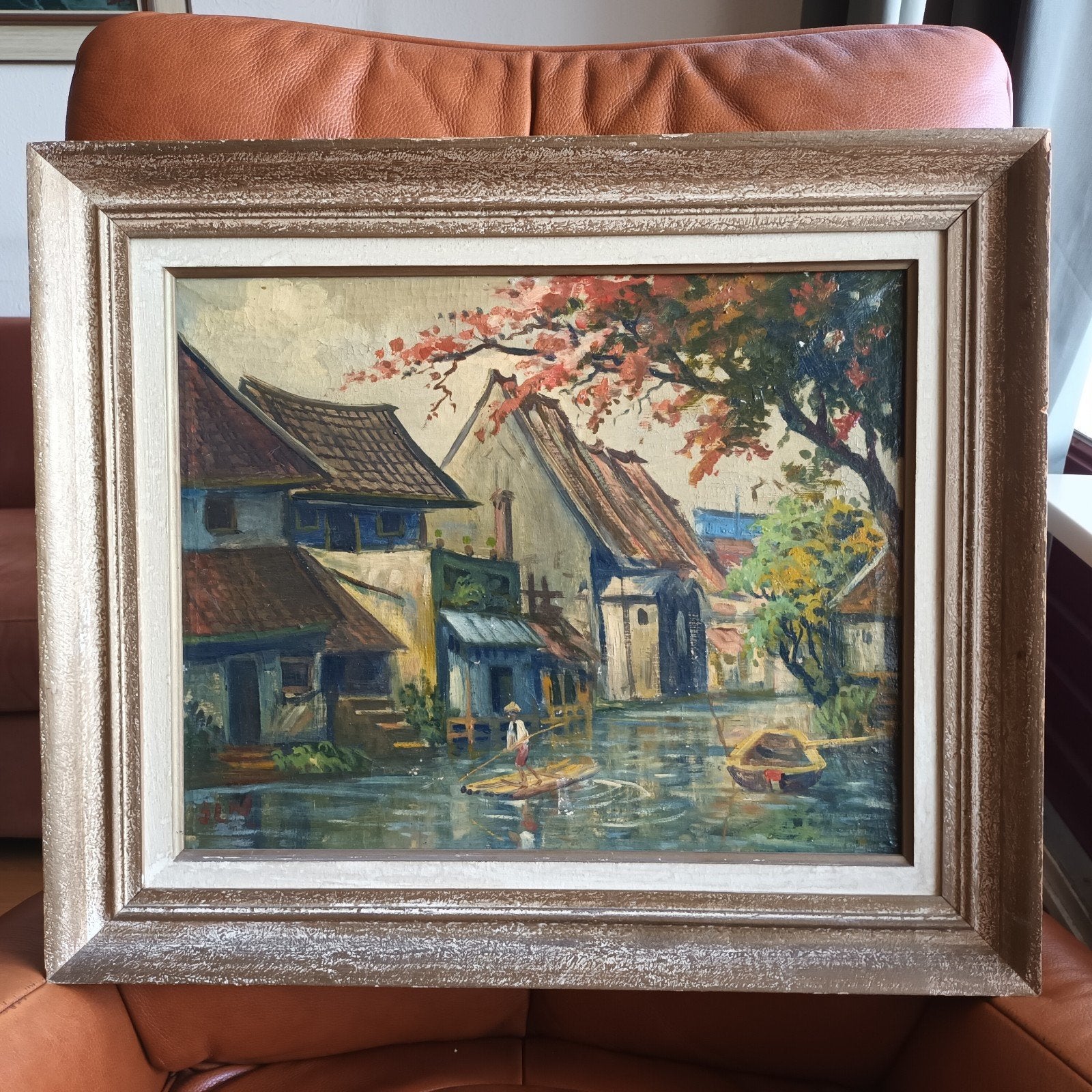 Indonesië, Batavia,  Chinezen huizen, olieverf op doek, Antiek en Kunst, Ophalen of Verzenden