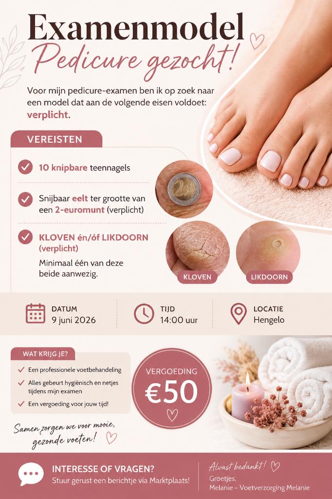 Examenmodel gezocht voor pedicure-examen (€50 vergoeding)