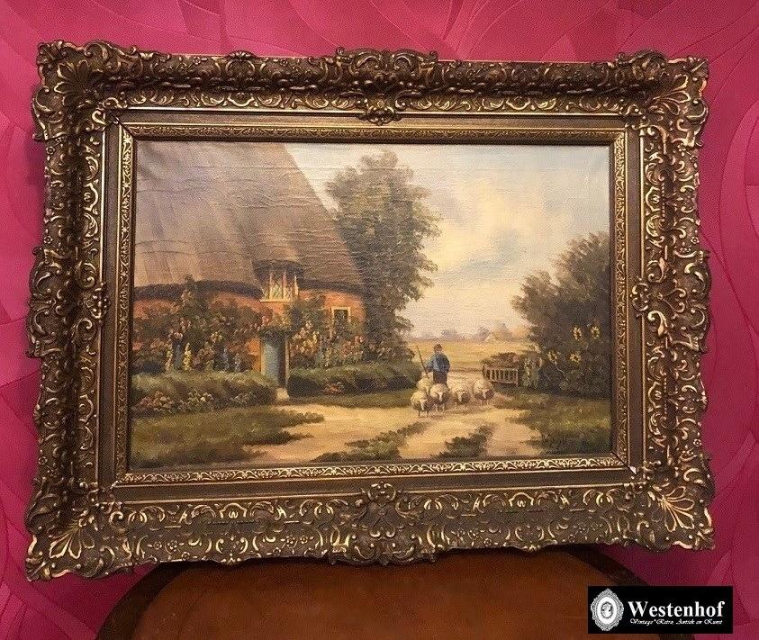 Groot schilderij landschap boerderij - olieverf op doek, Antiek en Kunst, Kunst | Schilderijen | Klassiek, Ophalen