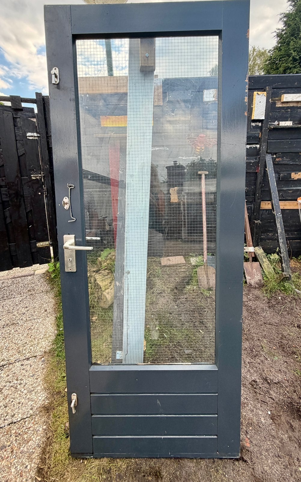 HARD HOUTEN BUITEN DEUR MET VEILIGHEIDSGLAS, Ophalen, Gebruikt, 80 tot 100 cm, Buitendeur