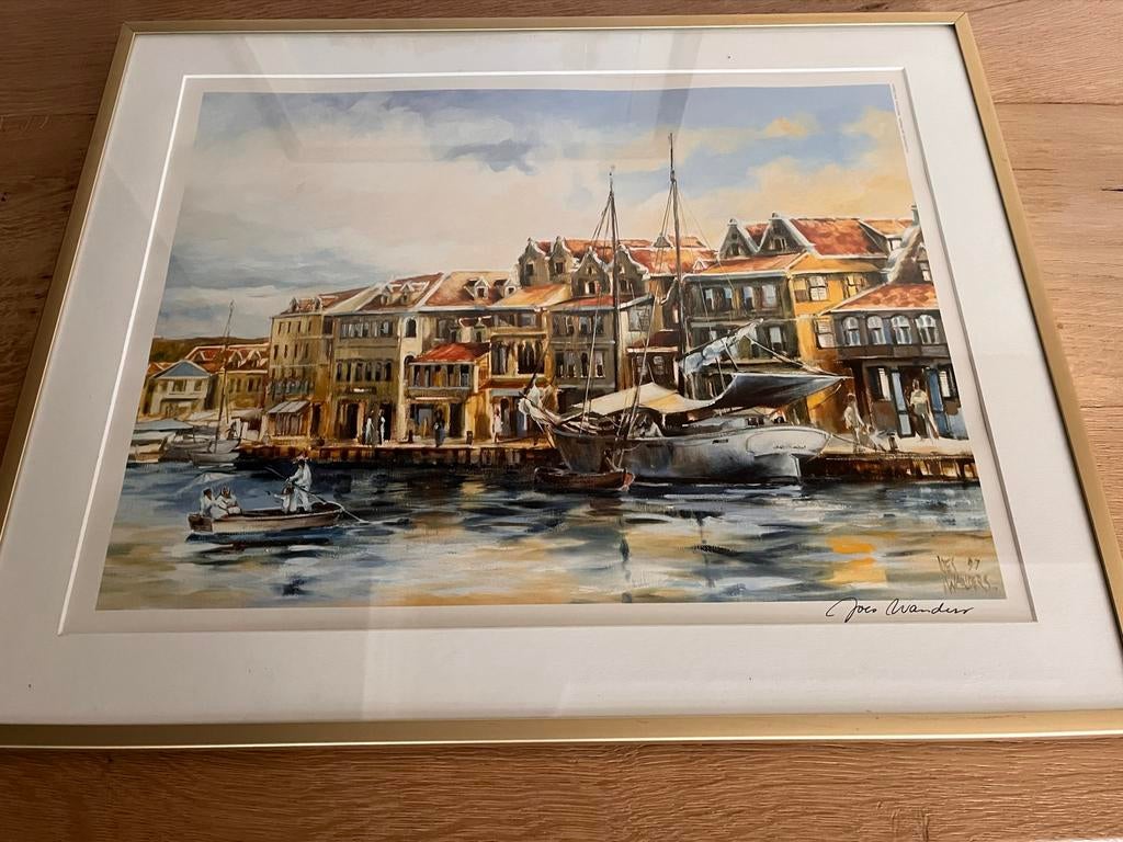 Schilderij Joes Wanders - Oude Kade Punda Curaçao, Antiek en Kunst, Kunst | Schilderijen | Modern, Ophalen of Verzenden