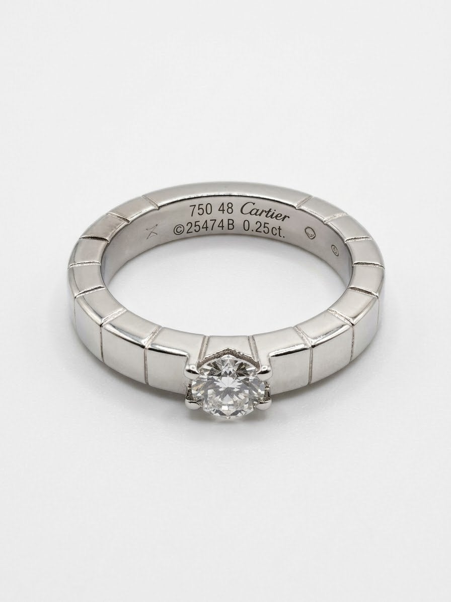 Cartier Lanières Solitaire Diamanten Ring 0.25ct E VVS1 GIA, Gebruikt, Ophalen of Verzenden, Kleiner dan 17, Met edelsteen