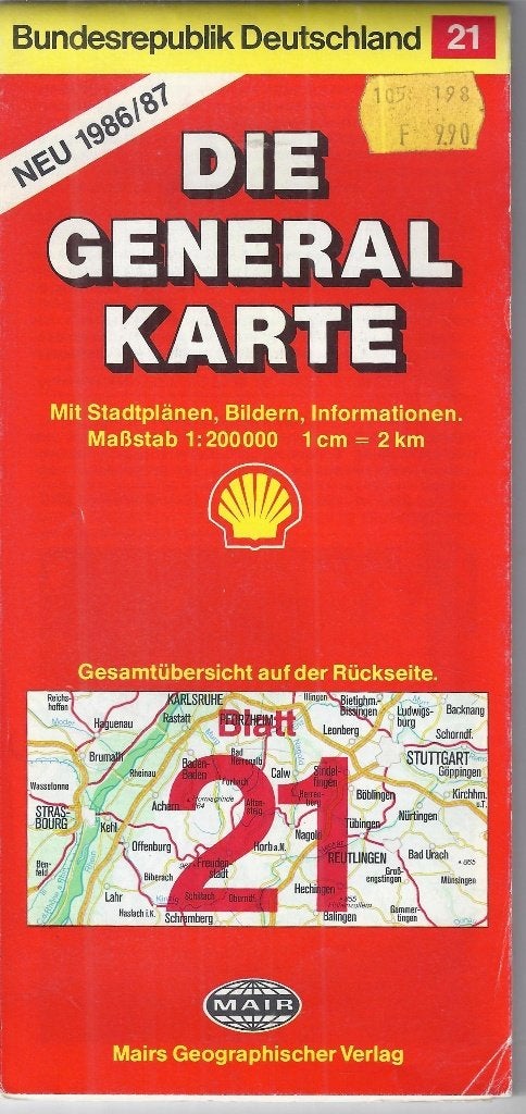 A21 plattegrond straatsburg - stuttgart - karlsruhe 1986/87, Gelezen, Ophalen of Verzenden, Landkaart, 1800 tot 2000