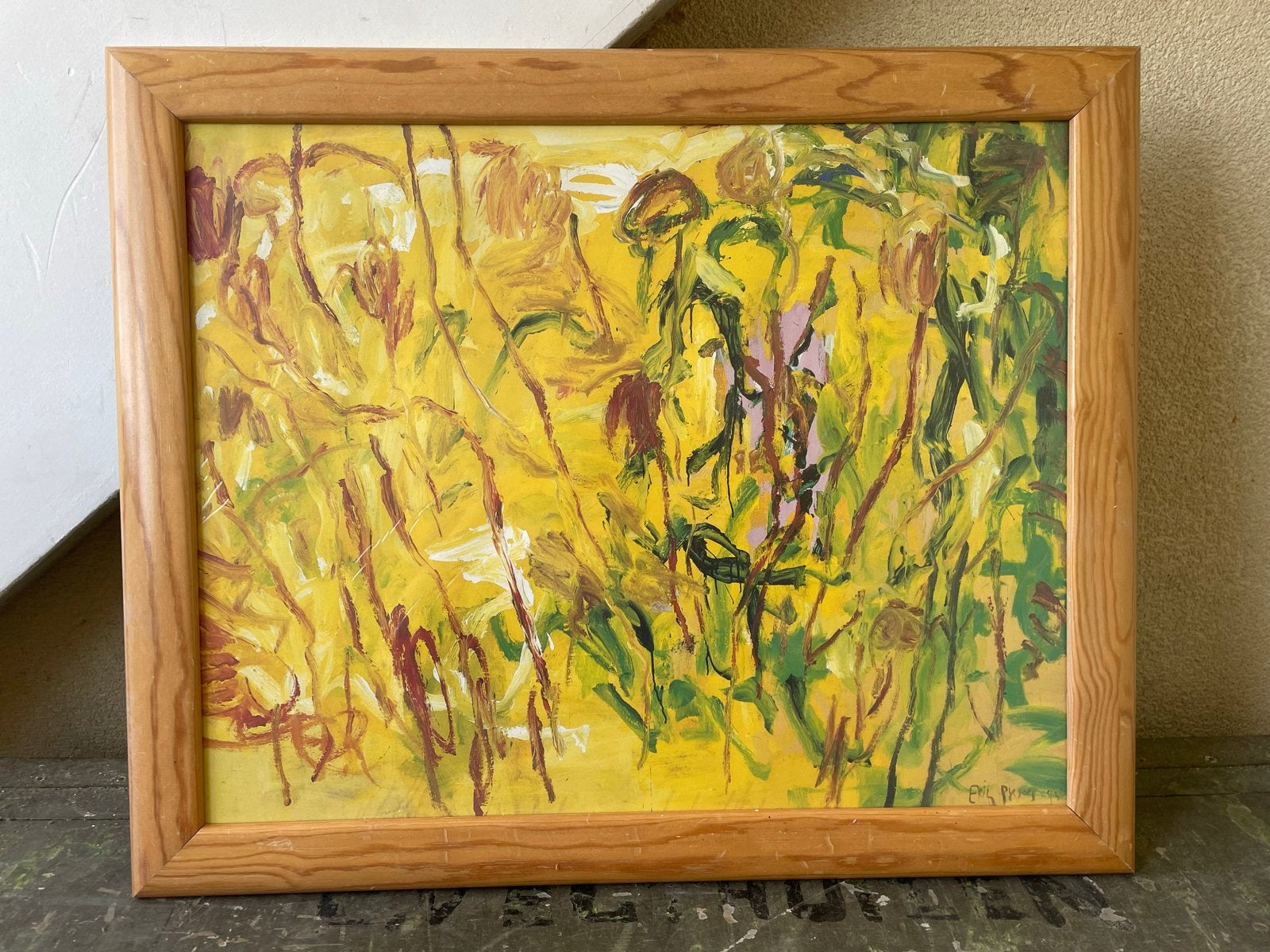Abstract bloemen schilderij Erik Prins 1995, Antiek en Kunst, Ophalen, Acrylverf, Papier/karton, Gesigneerd