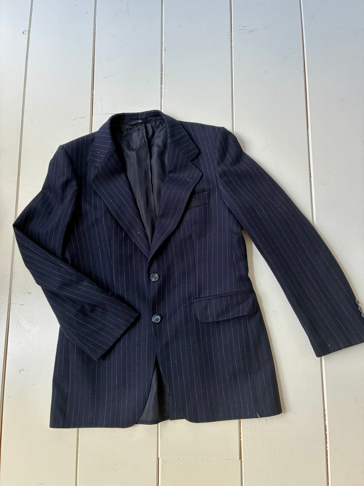Vintage krijtstreep Blazer van wol, Blauw, Maat 42/44 (L), Ophalen of Verzenden, Jasje