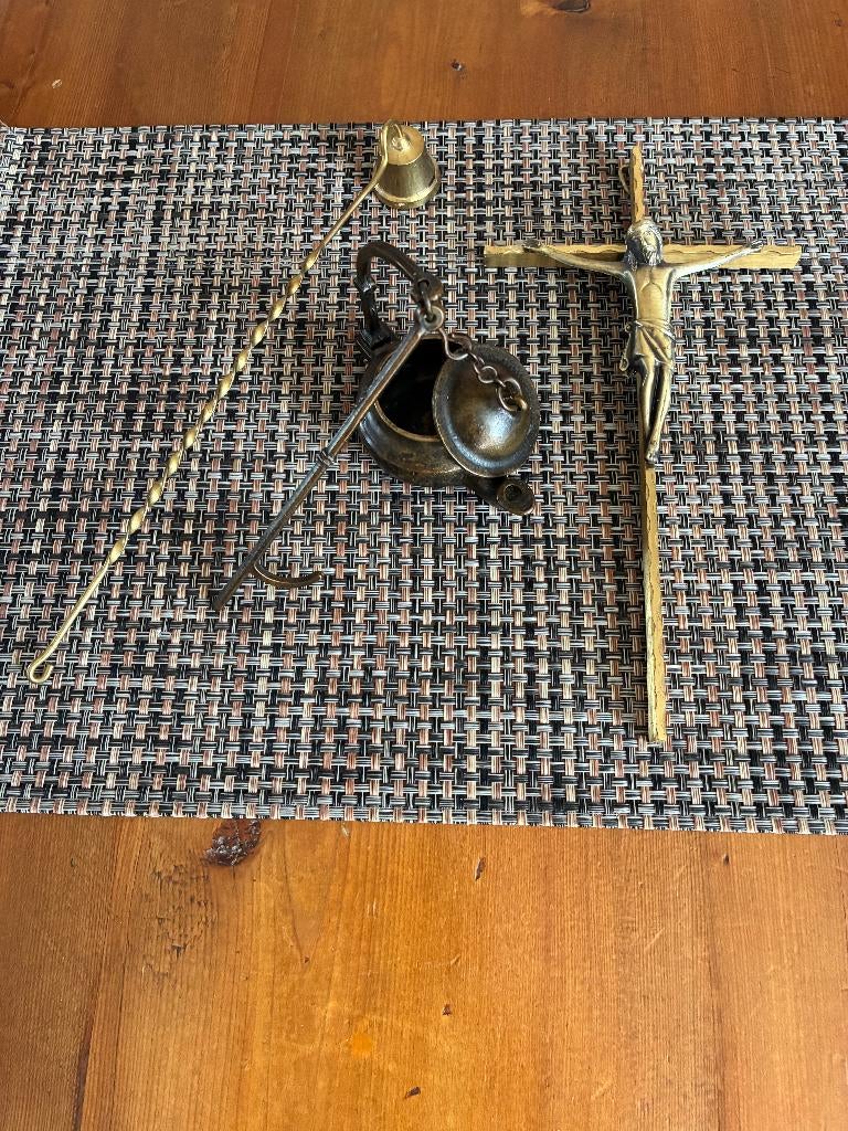 Koperen Kaarsendover, Kruisbeeld en Mini Potje met haak, Ophalen of Verzenden, Koper