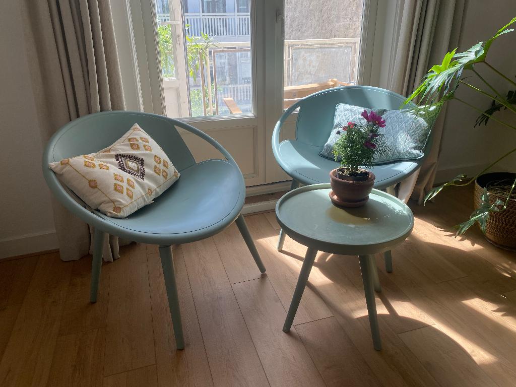 Tuinset twee stoelen en tafeltje, Tuin en Terras, Tuinsets en Loungesets, Kunststof, Gebruikt, Bijzettafel, Tuinset