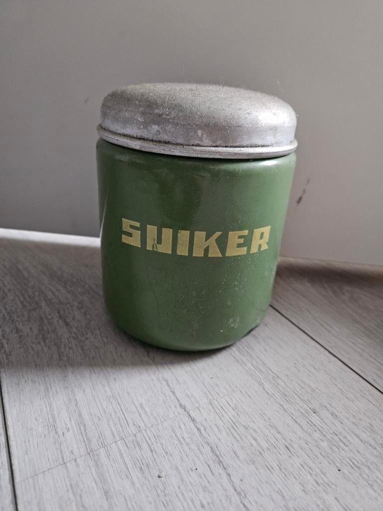 Vintage geëmailleerde suikerpot - groen met beschadigingen, Ophalen of Verzenden
