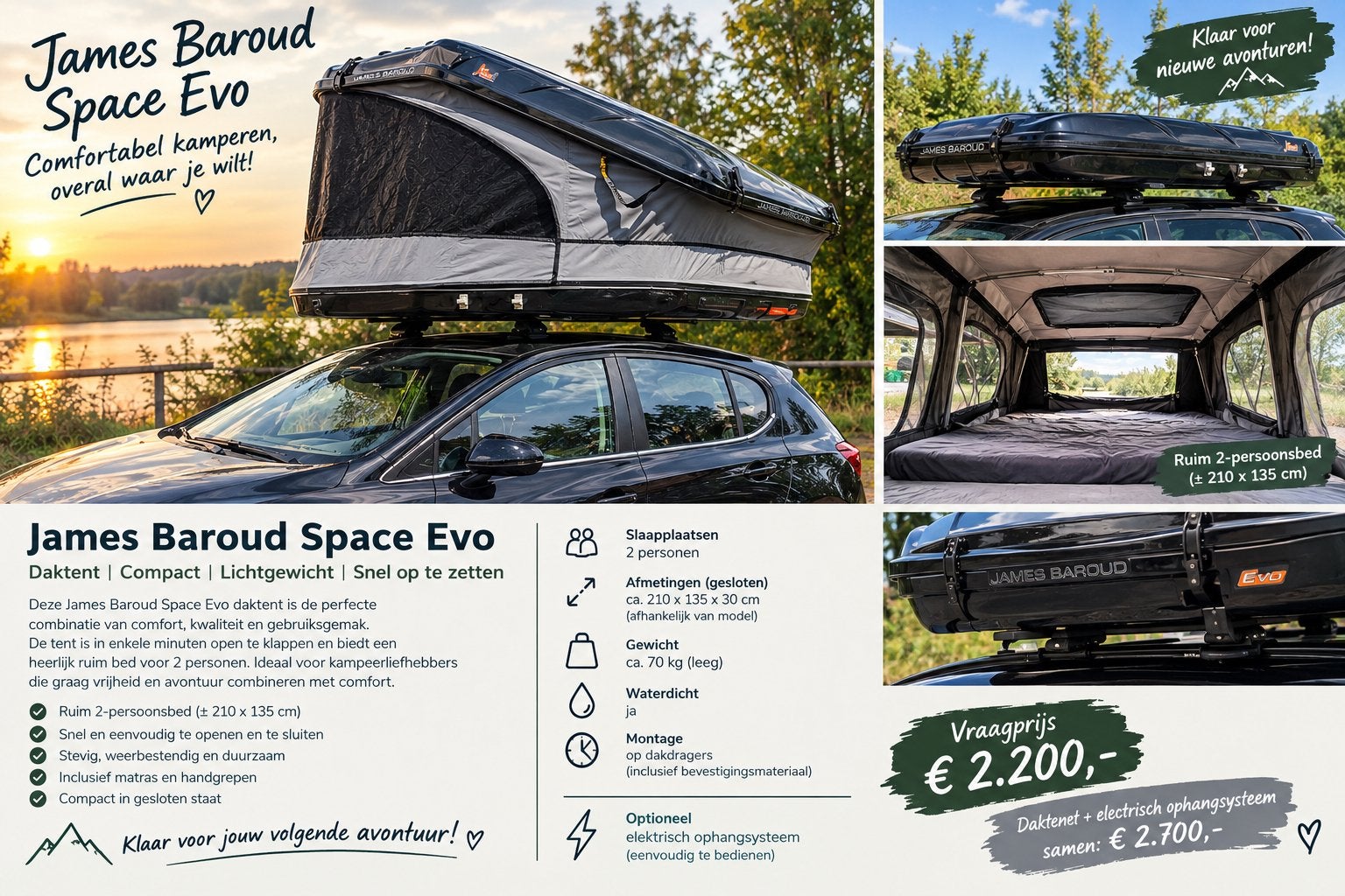 James Baroud Space Evo daktent – 2 persoons, Ophalen, Zo goed als nieuw, Tot en met 2