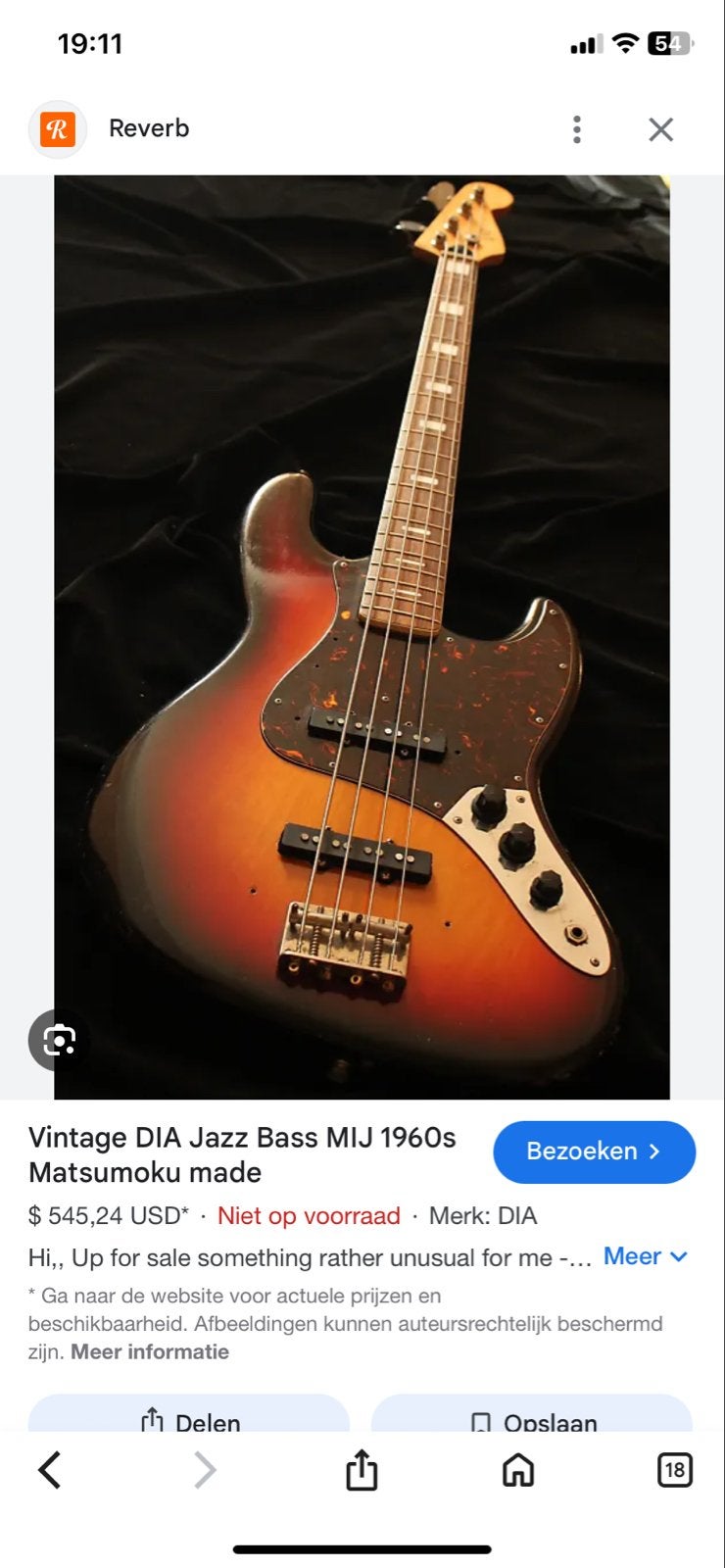 Vintage DIA Jazz Bas MIJ 1960s Matsumoku made, Ophalen, Gebruikt, Elektrisch, 6-snarig