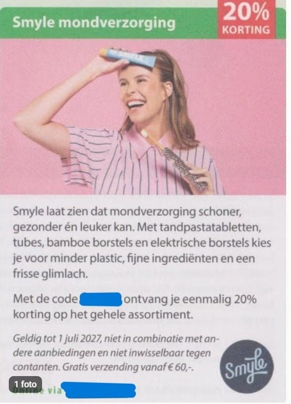 Smyle mondverzorging -  20% kortingsbon, Eén persoon, Kortingsbon, Warenhuis- of Winkelbon