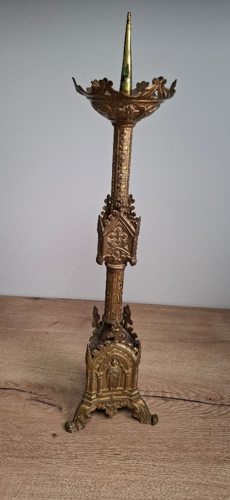 Antieke neogotische kerkkandelaar messing 55 cm - religieus, Ophalen of Verzenden, Koper of Brons