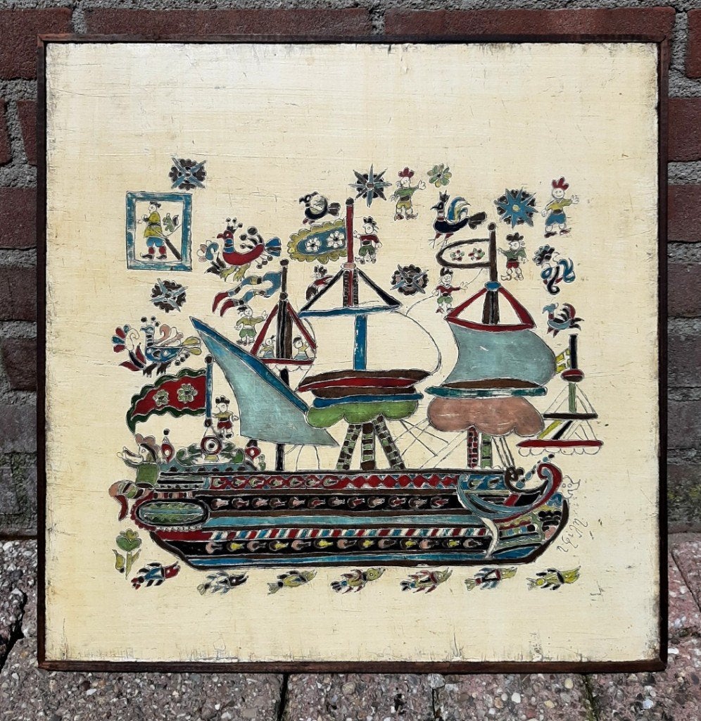 Wand decoratie op hout schilderij met boot. 45 x 45 cm., Gebruikt, 45 cm, Hout, Meerkleurig