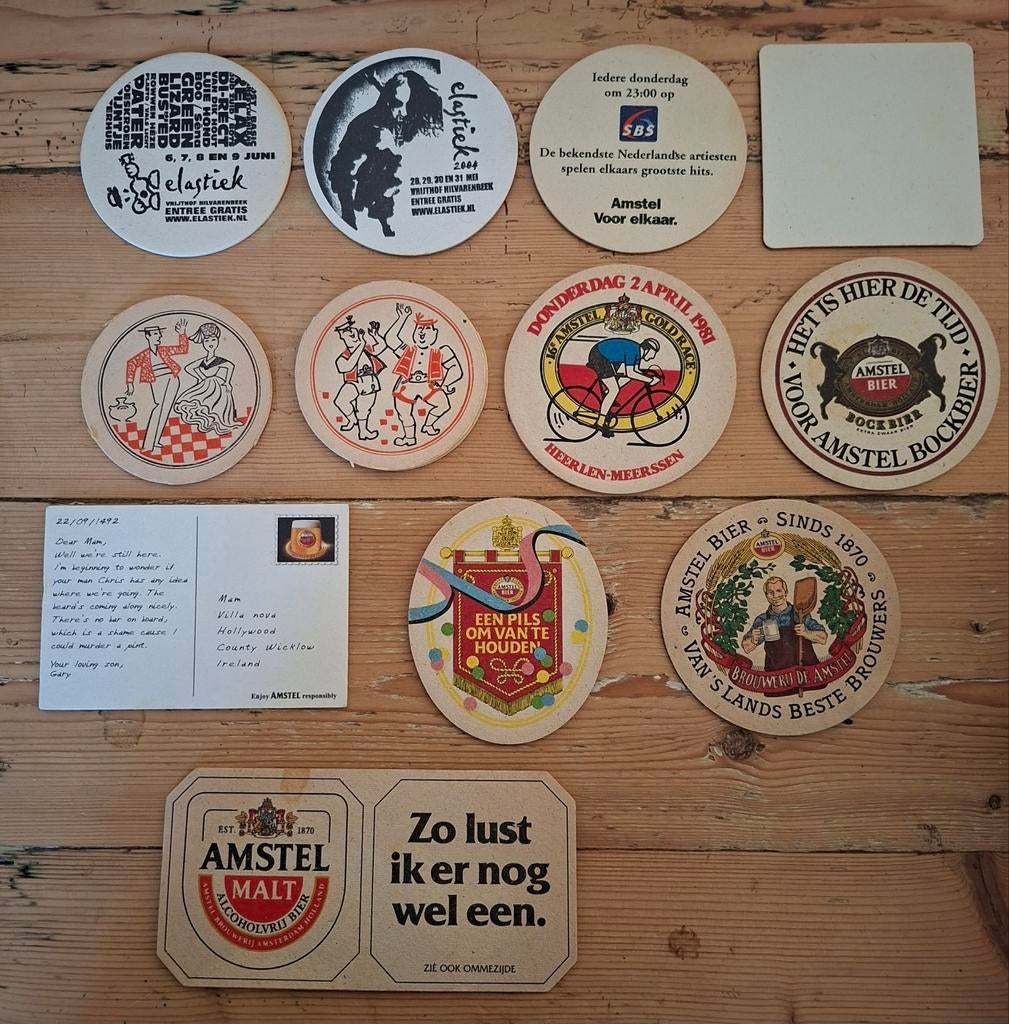 Amstel bier viltjes oa elastiek/ kaart/ wielrennen/muziek, Ophalen of Verzenden, Nieuw, Viltje(s), Amstel