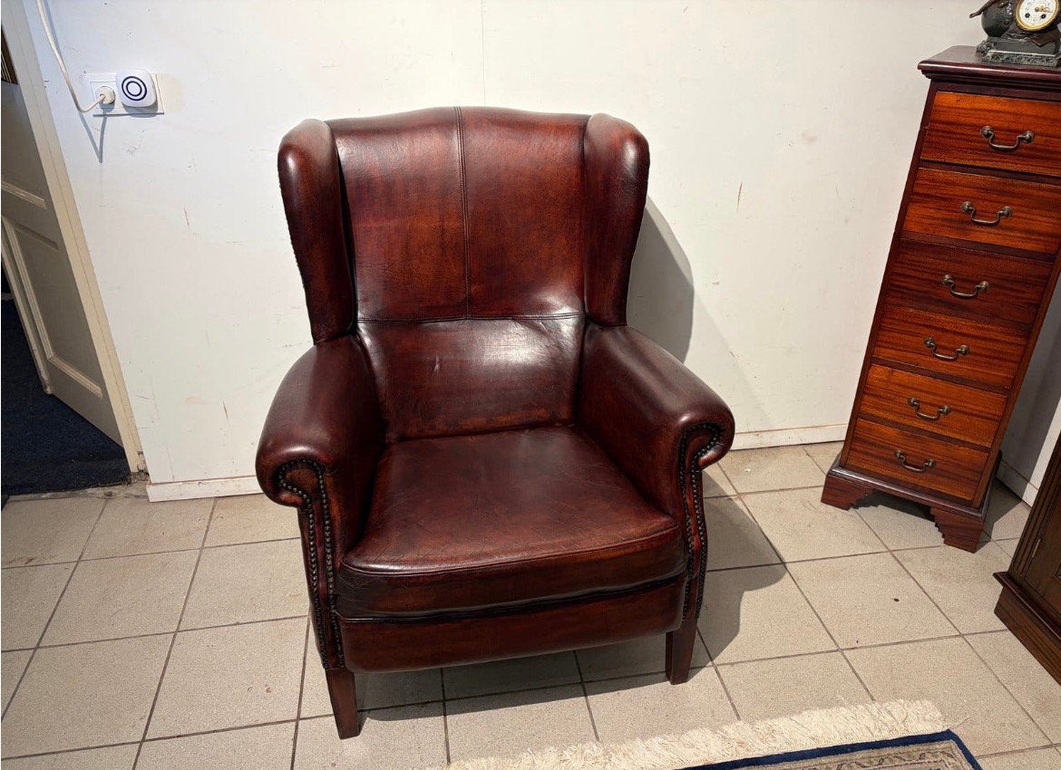 Luxe Schapenleren Heren Oorfauteuil - Mancave/Kantoor/Woonka, Huis en Inrichting, Ophalen, Gebruikt, Klassiek Antiek, Westeinde 326