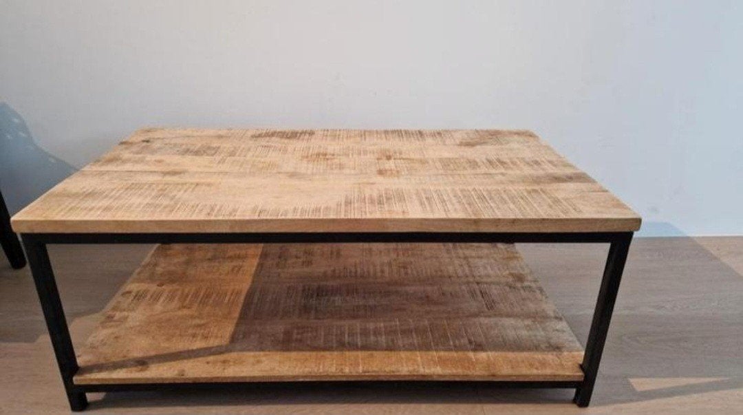 Salontafel mangohout met zwart metalen frame, 100 tot 150 cm, 50 tot 100 cm, Zo goed als nieuw, Ophalen