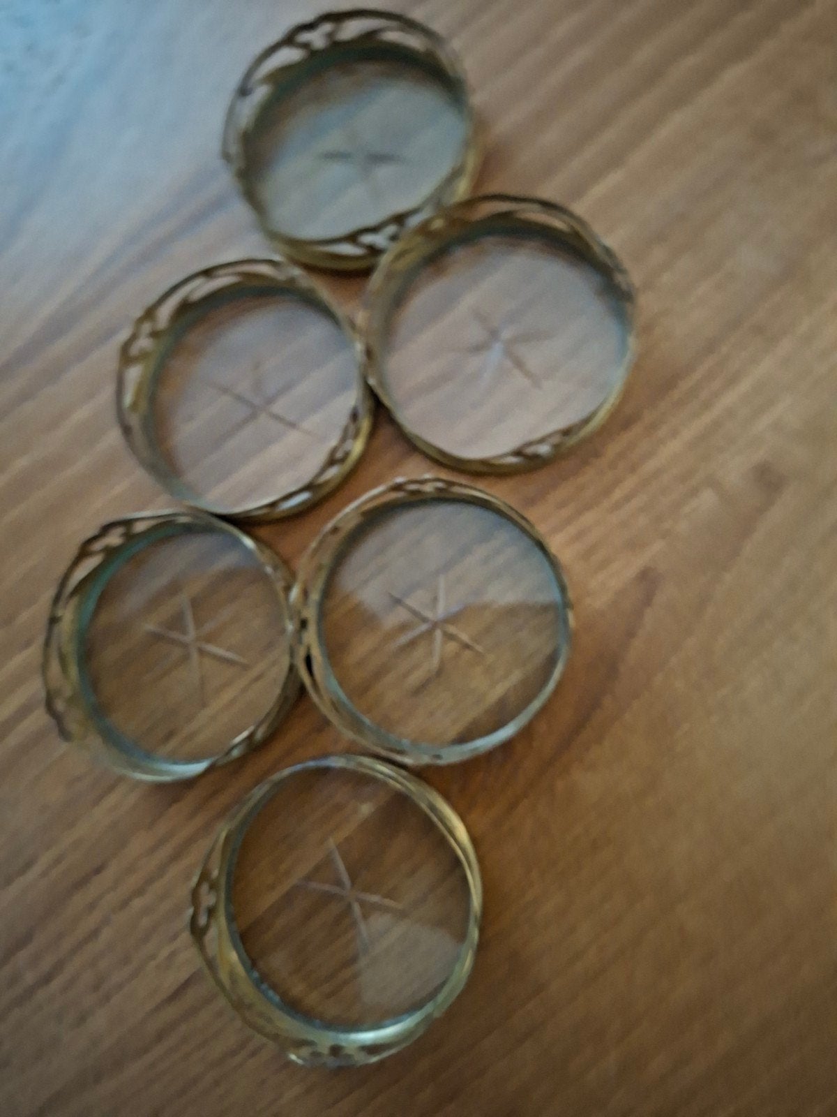 Set van 6 vintage messing onderzetters met glas, Ophalen of Verzenden