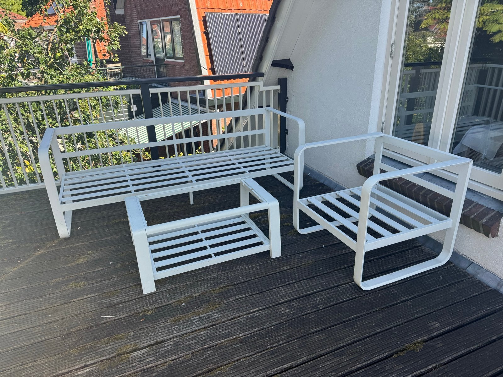 Witte aluminium loungeset - bank, stoel en optioneel tafel, Ophalen, Gebruikt, 3 zitplaatsen, Aluminium