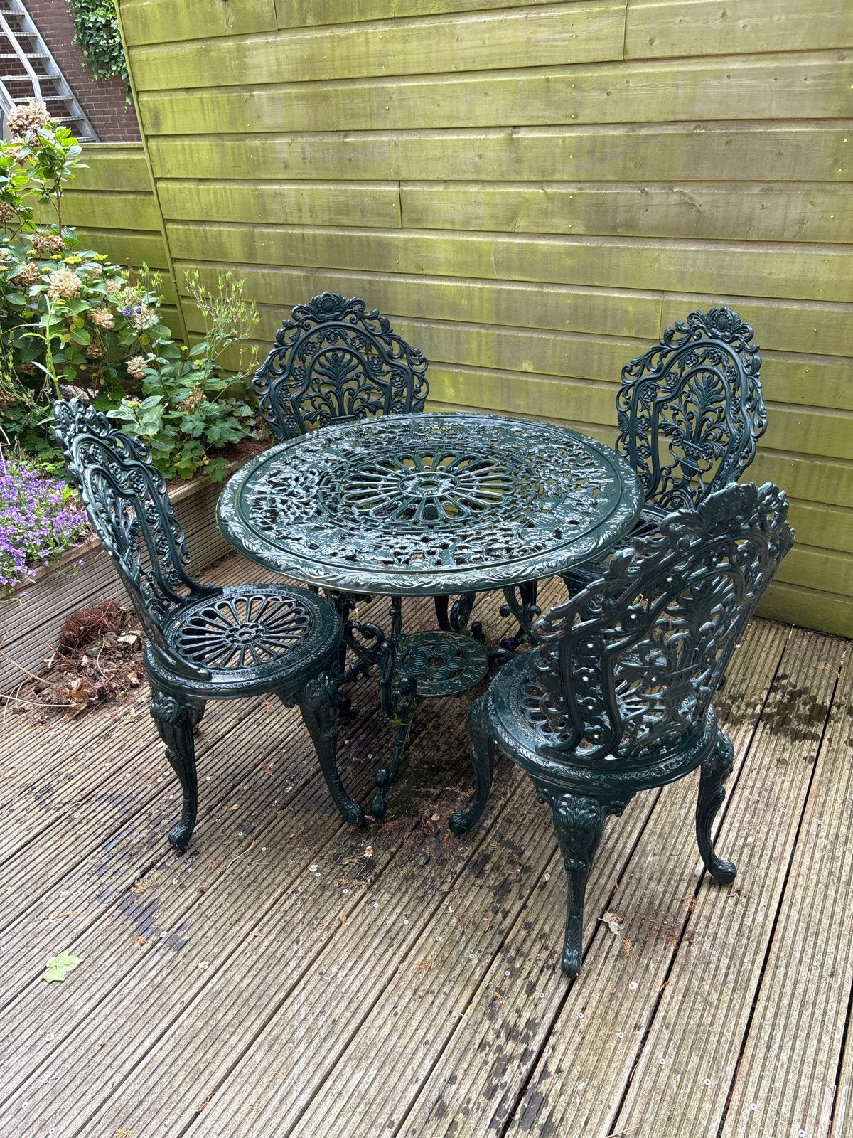 Antiek gietijzeren tuinset - 4 stoelen en tafel, Tuin en Terras, Gebruikt, Eettafel, Ophalen of Verzenden, Tuinset