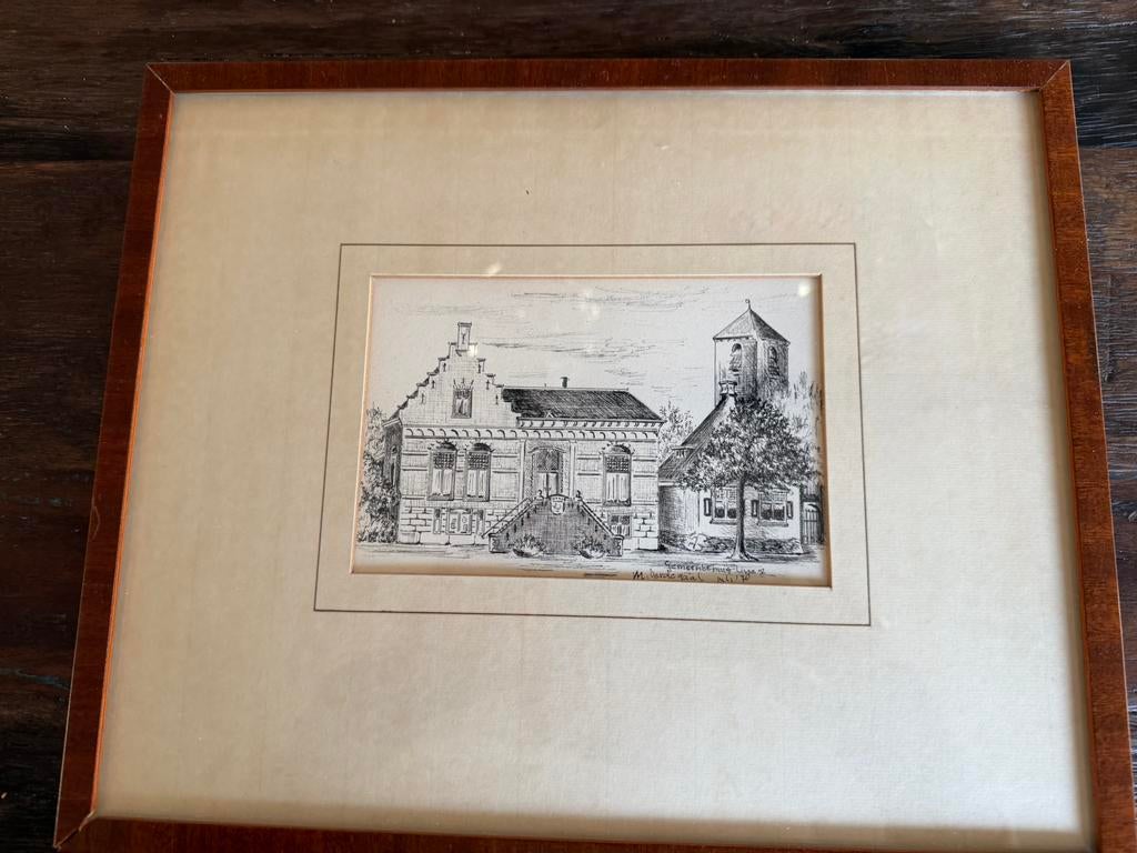 Pentekening van het Gemeentehuis in Lisse, Antiek en Kunst, Kunst | Etsen en Gravures, Ophalen of Verzenden