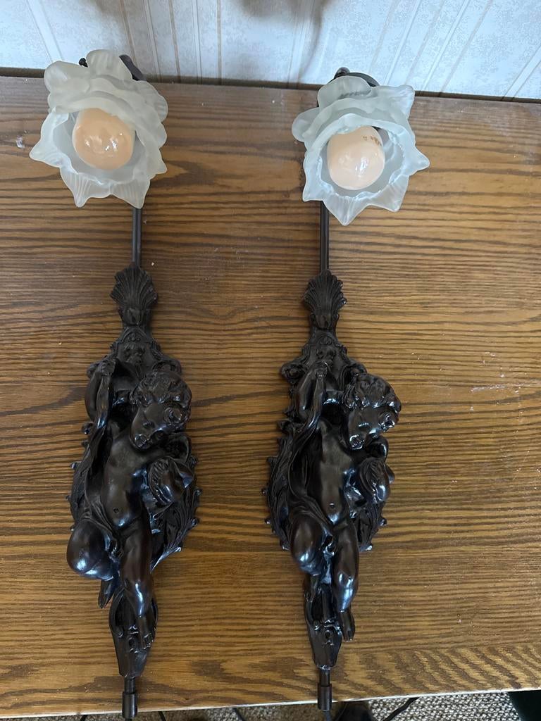 Set van 2 Antieke Wandlampen met Engelenfiguren, Huis en Inrichting, Ophalen, Gebruikt, Metaal