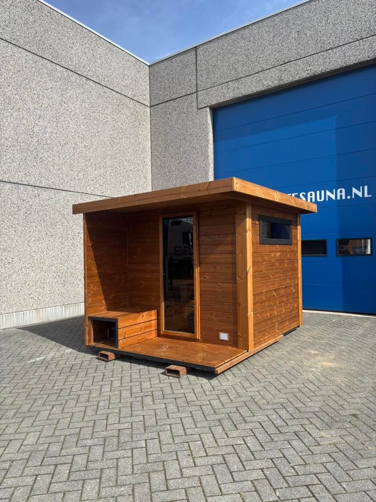 Luxe thermowood buitensauna met luifel. Sauna tuinsauna, Sport en Fitness, Sauna, Ophalen of Verzenden, Zo goed als nieuw, Complete sauna