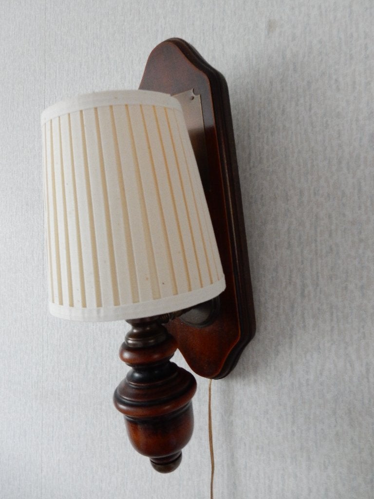 Houten wandlamp met stoffen kap  schemerlampje vintage, Met schakelaar, E14 (klein), Ophalen of Verzenden, Zo goed als nieuw