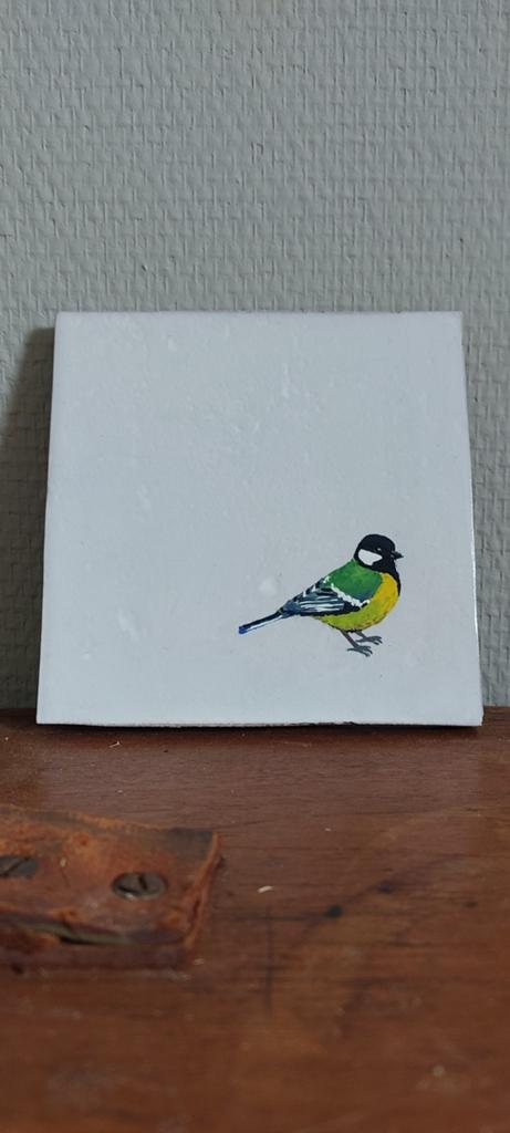 Handgeschilderd Koolmeesje op tegeltje, Verzamelen, Geboortekaartjes en Visitekaartjes, 2000 tot heden, Ophalen of Verzenden