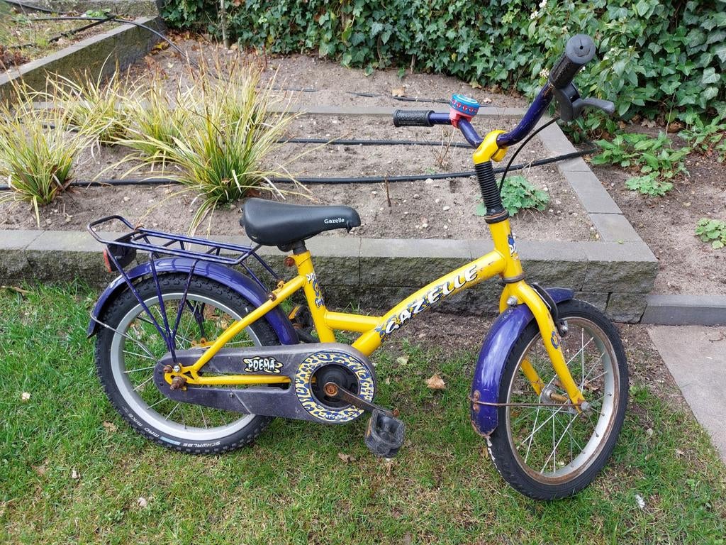 Gazelle kinderfiets - Geel/Paars - 16 inch, Fietsen en Brommers, Fietsen | Kinderfietsjes, Ophalen, Gebruikt, 16 tot 20 inch, Gazelle