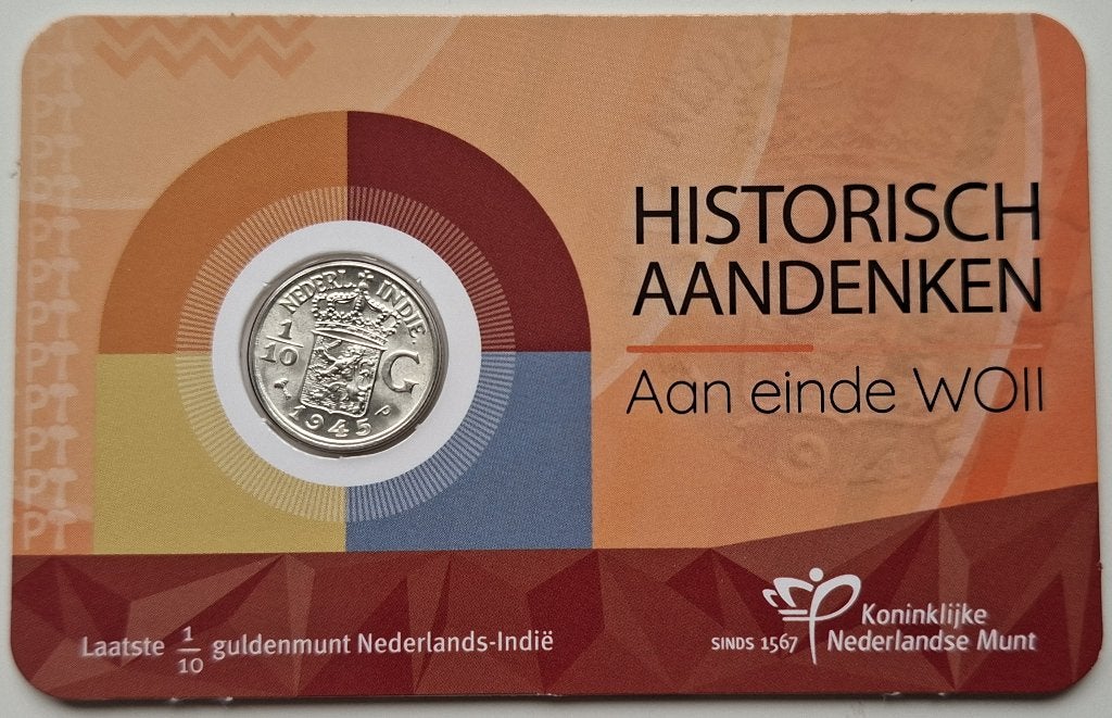 Coincard met 1/10 gulden Nederlands Indie 1945 P - type B, Verzenden, Koningin Wilhelmina, 10 cent, Losse munt