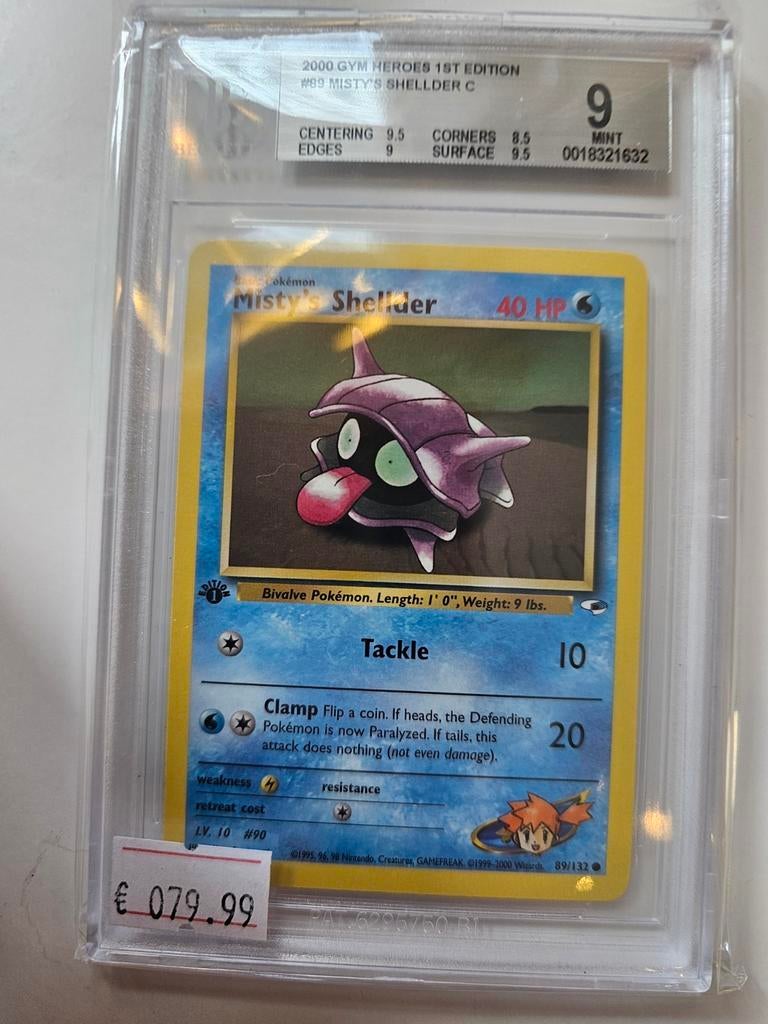 Misty's Shellder 2000 Gym Heroes 1st Edition PSA 9, Ophalen of Verzenden, Zo goed als nieuw, Losse kaart