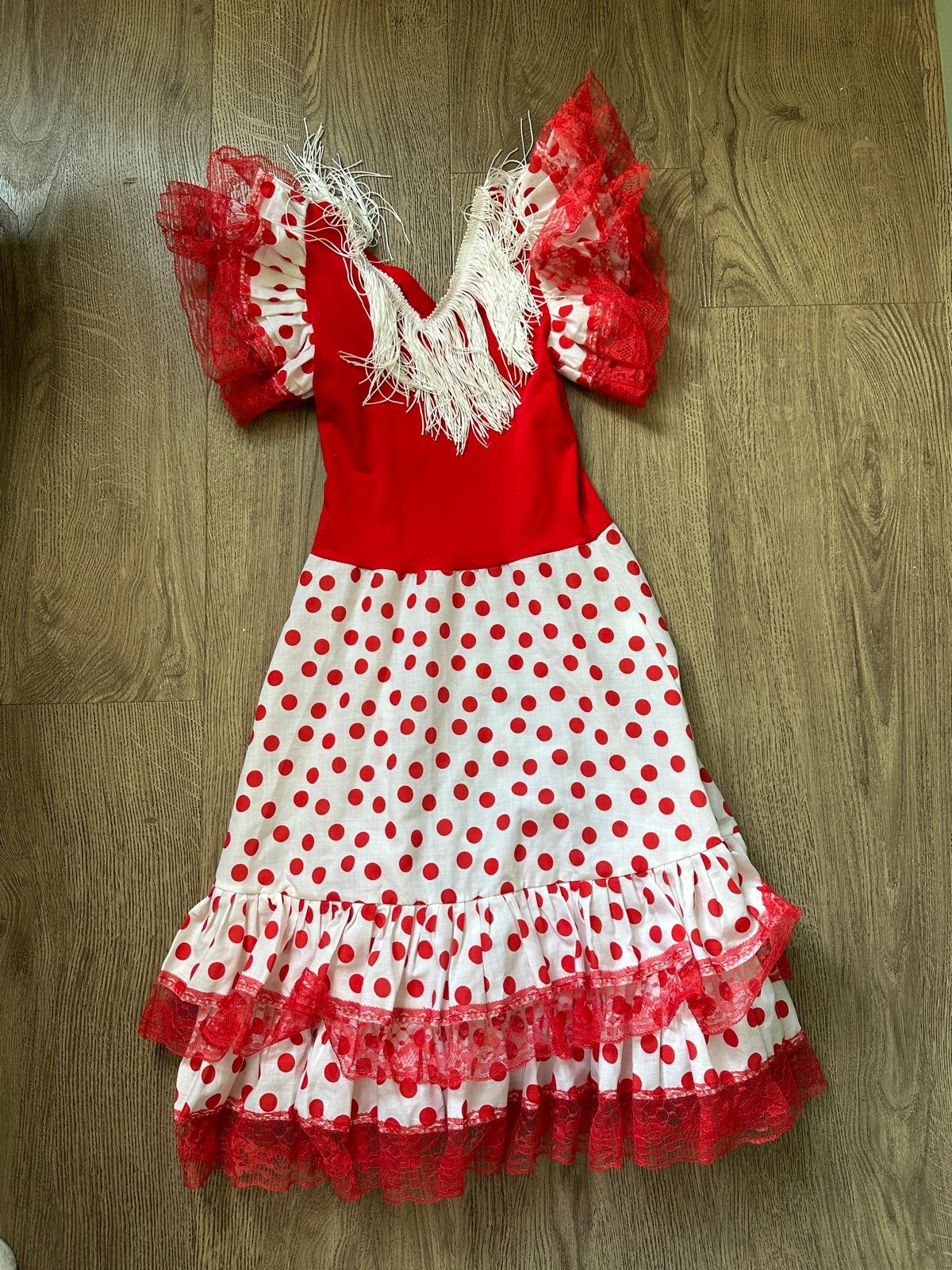 Flamenco jurk rood met witte stippen maat 8, Ophalen of Verzenden, Gebruikt, 122 t/m 128, Meisje