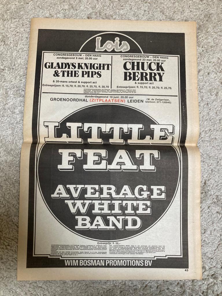 Paginagrote A3 advertentie LITTLE FEAT Groenoordhallen 1976, Ophalen of Verzenden, Gebruikt