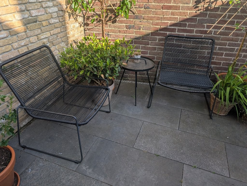 Lounge stoelen tuin zwart, Kunststof, Gebruikt, Bijzettafel, Loungeset