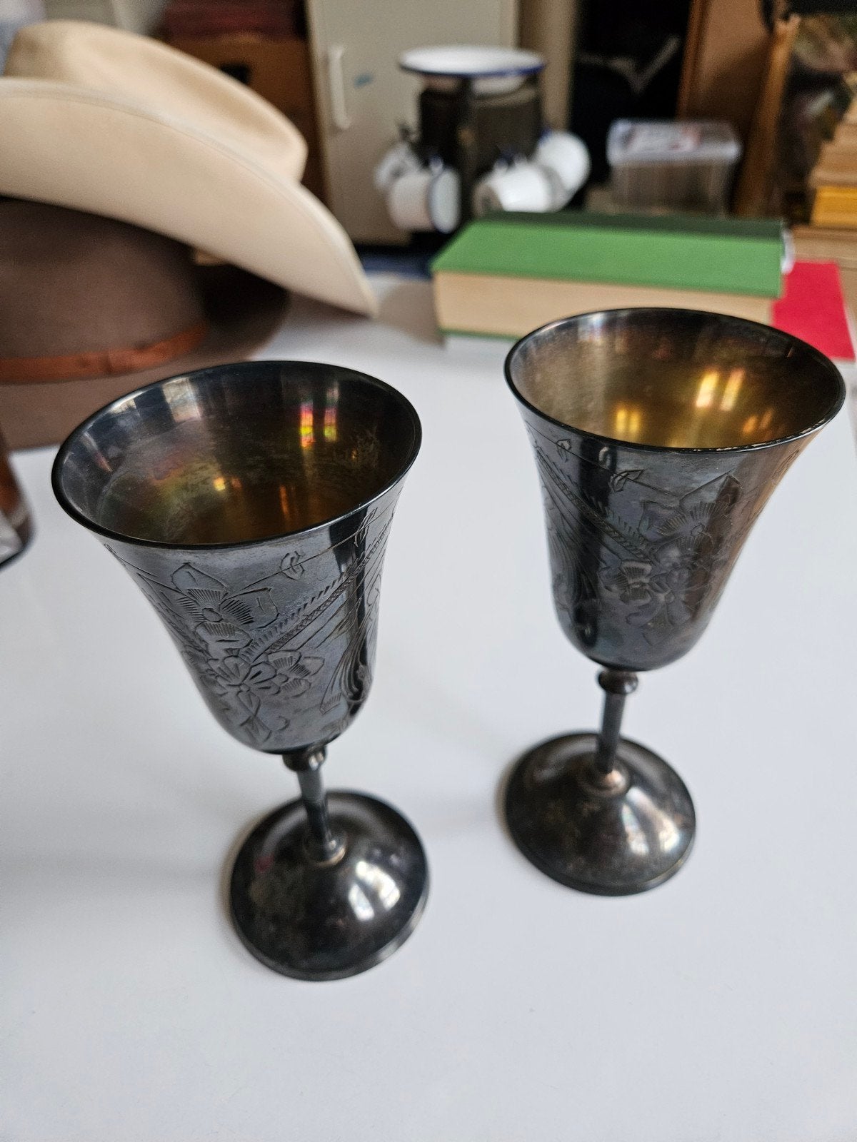 2 Antieke/Vintage EPNS Verzilverde Wijnbekers met Bloemmotie, Ophalen of Verzenden