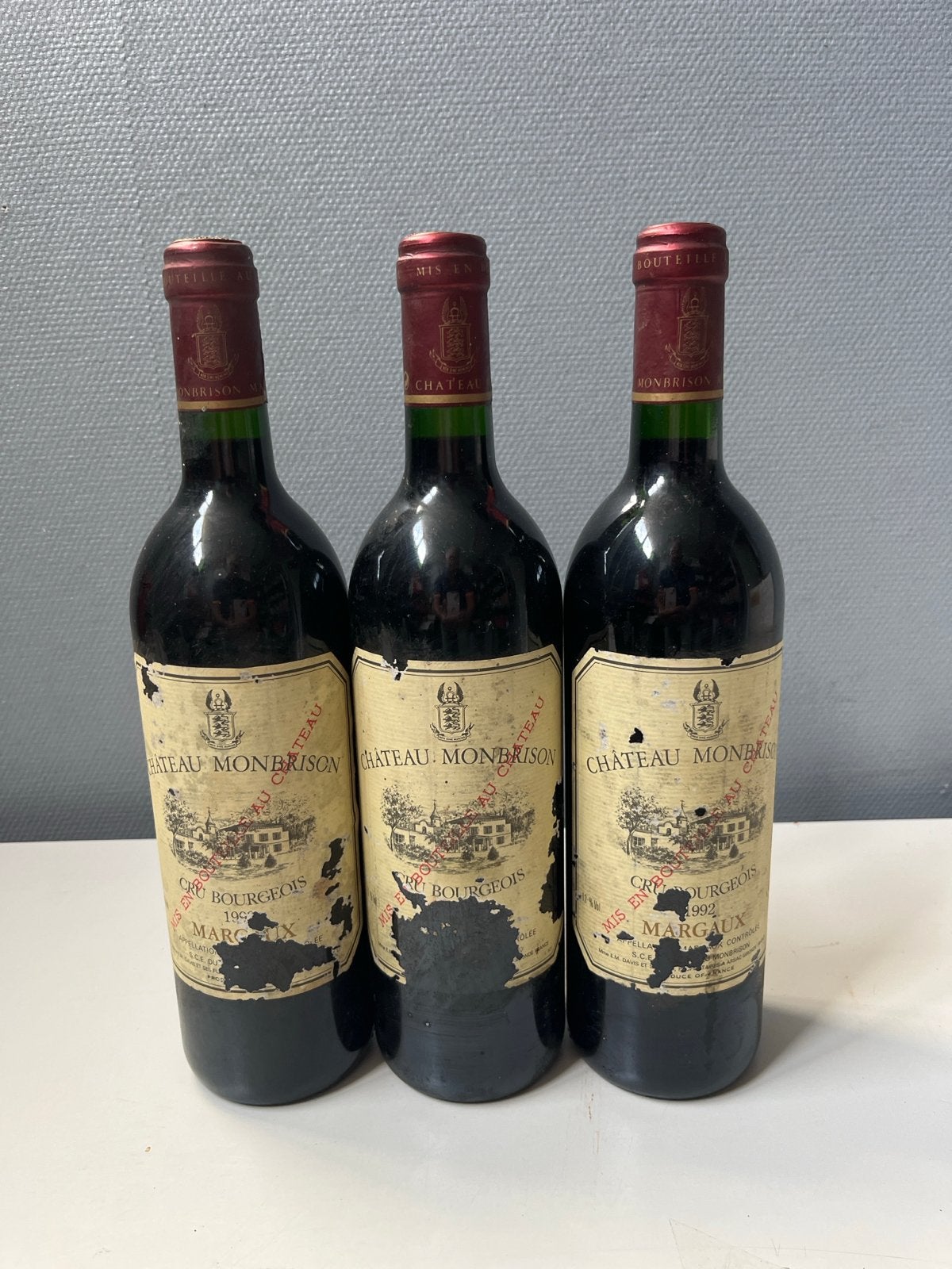Château Monbrison Margaux 1992 - 3 flessen, Verzamelen, Wijnen, Ophalen of Verzenden, Gebruikt, Frankrijk, Rode wijn