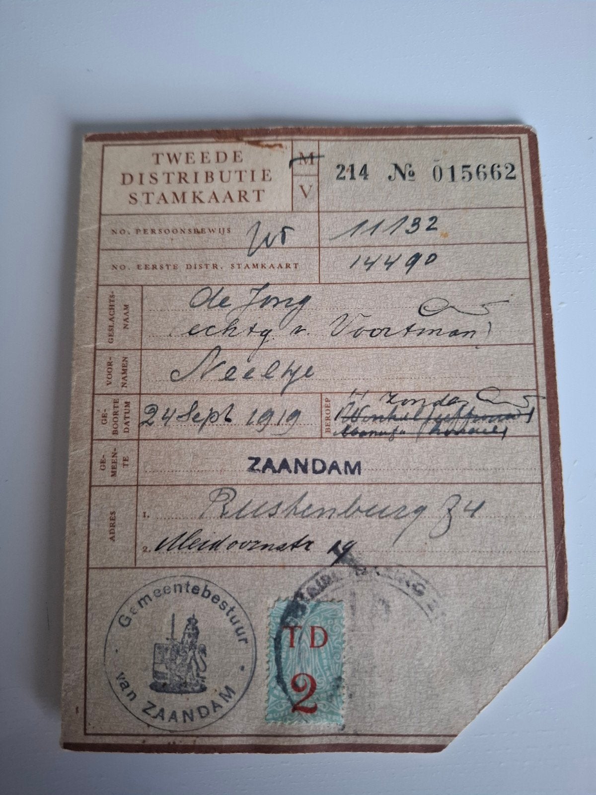 Distributie stamkaart Zaandam bonkaart document, Verzamelen, Militaria | Tweede Wereldoorlog, Ophalen of Verzenden, Nederland