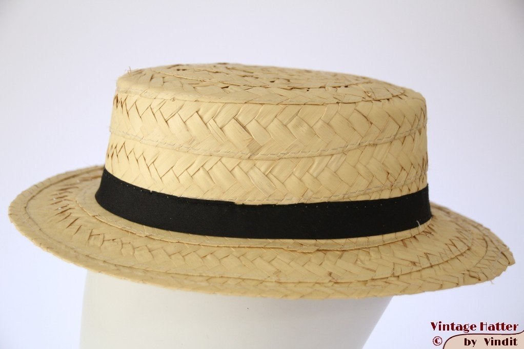 Vintage zonne strohoed Boater hoed dik stro 58 unisex, Ophalen of Verzenden, Gedragen, 58 cm (L, 7¼ inch) of meer, Hoed