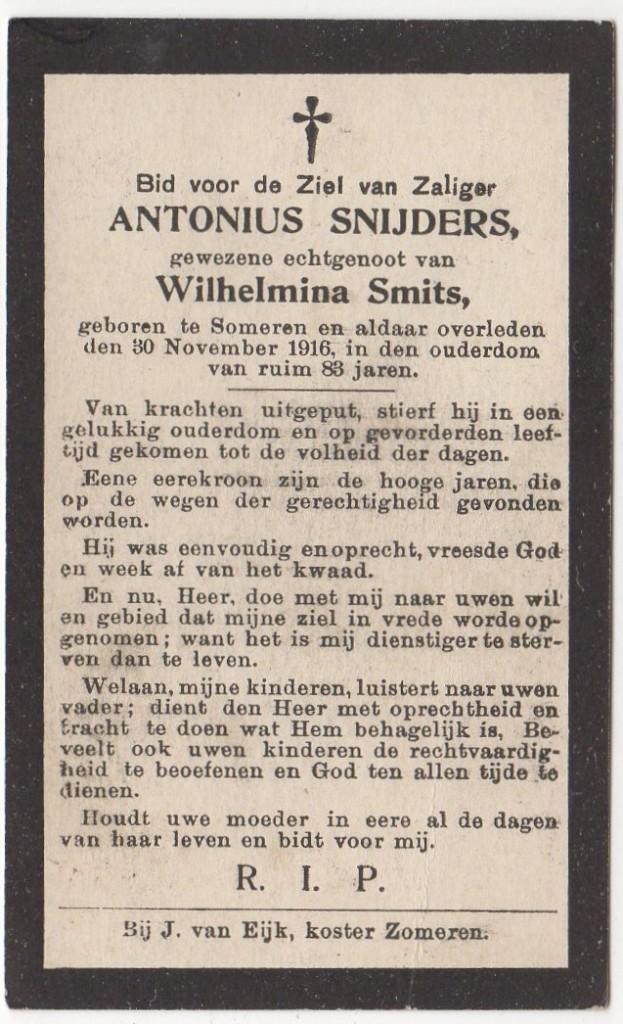 Antonius Snijders 1833 - 1916 Someren, 83 jaar oud, Verzamelen, Verzenden