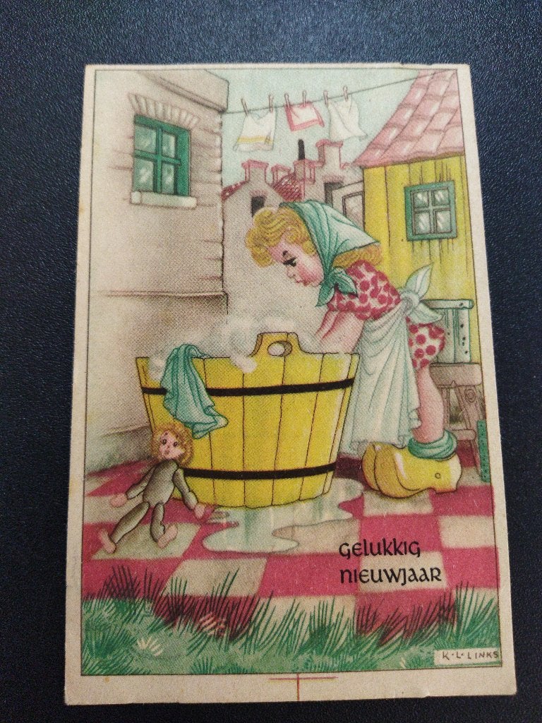 Vintage ansichtkaart Gelukkig Nieuwjaar meisje doet de was, Ophalen of Verzenden, 1940 tot 1960, Gelopen, Kinderen