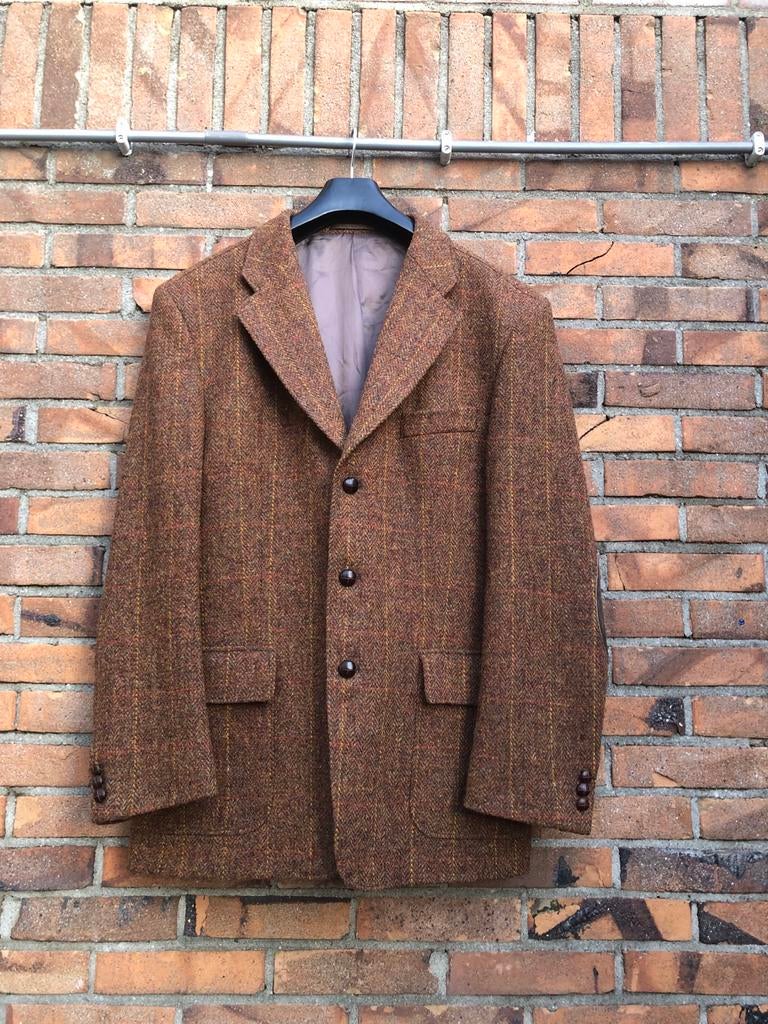 Vintage Harris Tweed Colbert met Elleboogstukken - Maat L, Kleding | Heren, Maat 52/54 (L), Harris Tweed, Bruin, Ophalen of Verzenden