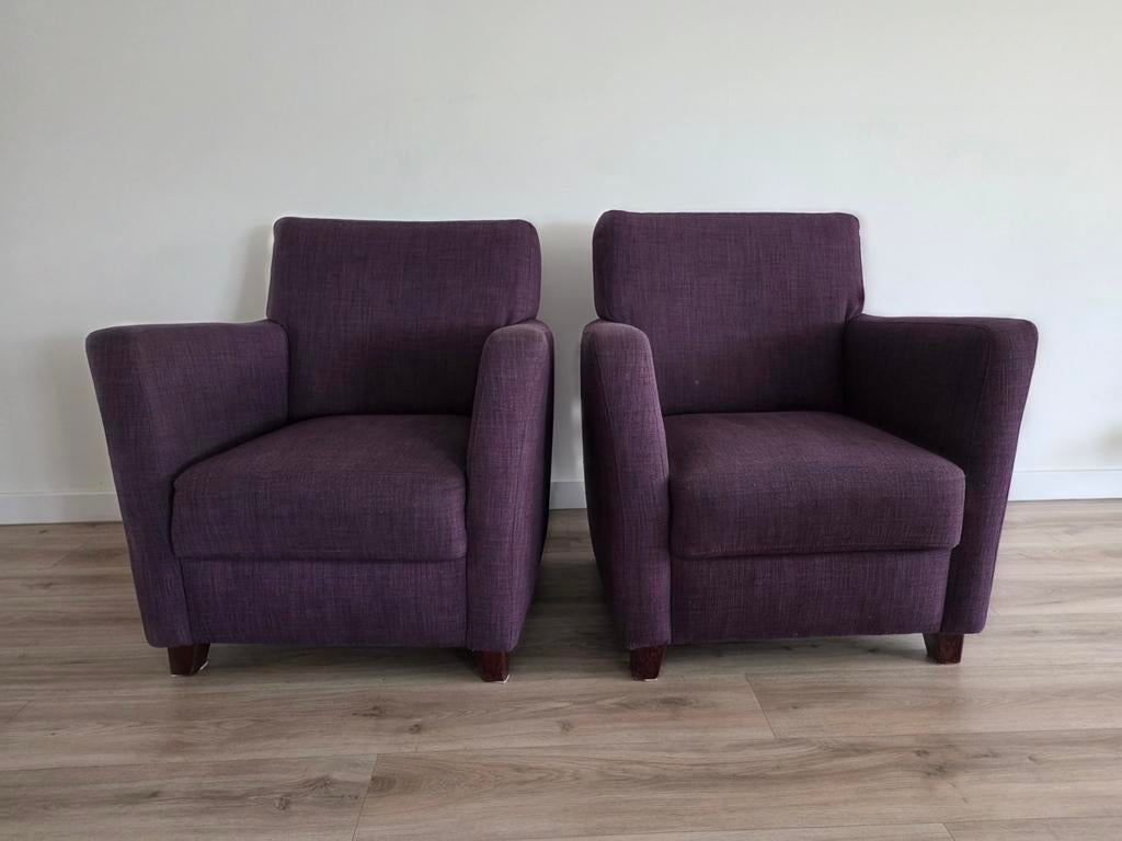 2 paarse stoffen fauteuils - Gebruikt en heel, Gebruikt, 75 tot 100 cm, Ophalen of Verzenden, 75 tot 100 cm